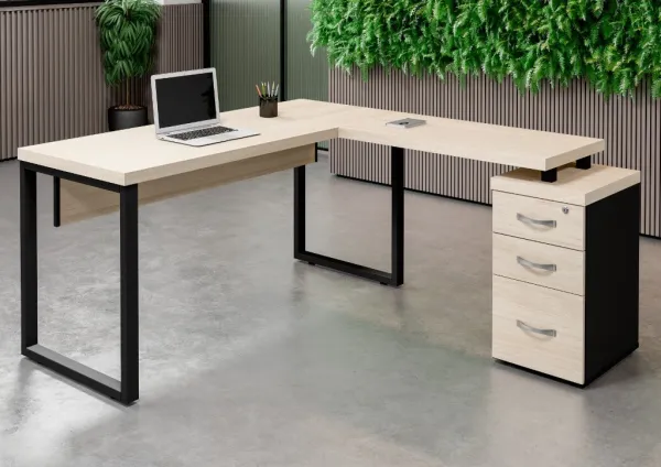 MESA EM L COM PÉ AÇO E PÉ GAVETEIRO - PE40